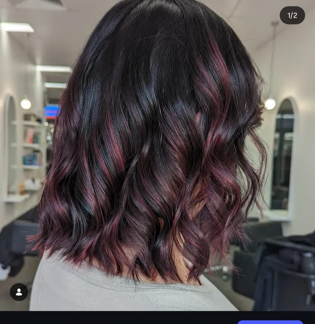 Cherry balayage colour result at Sharda Hair